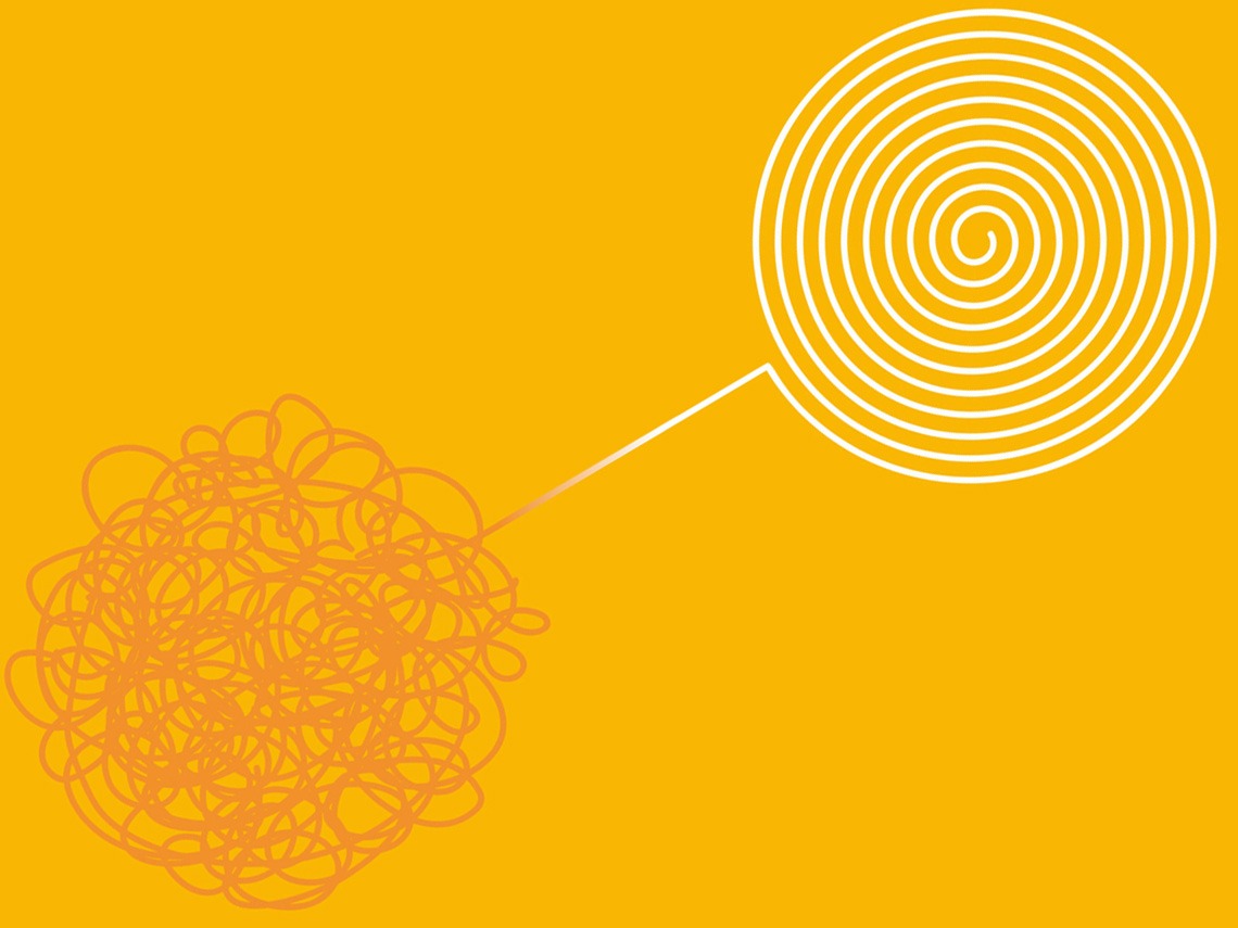 A vector illustration of an orange scribble that turns into a white smooth spiral.